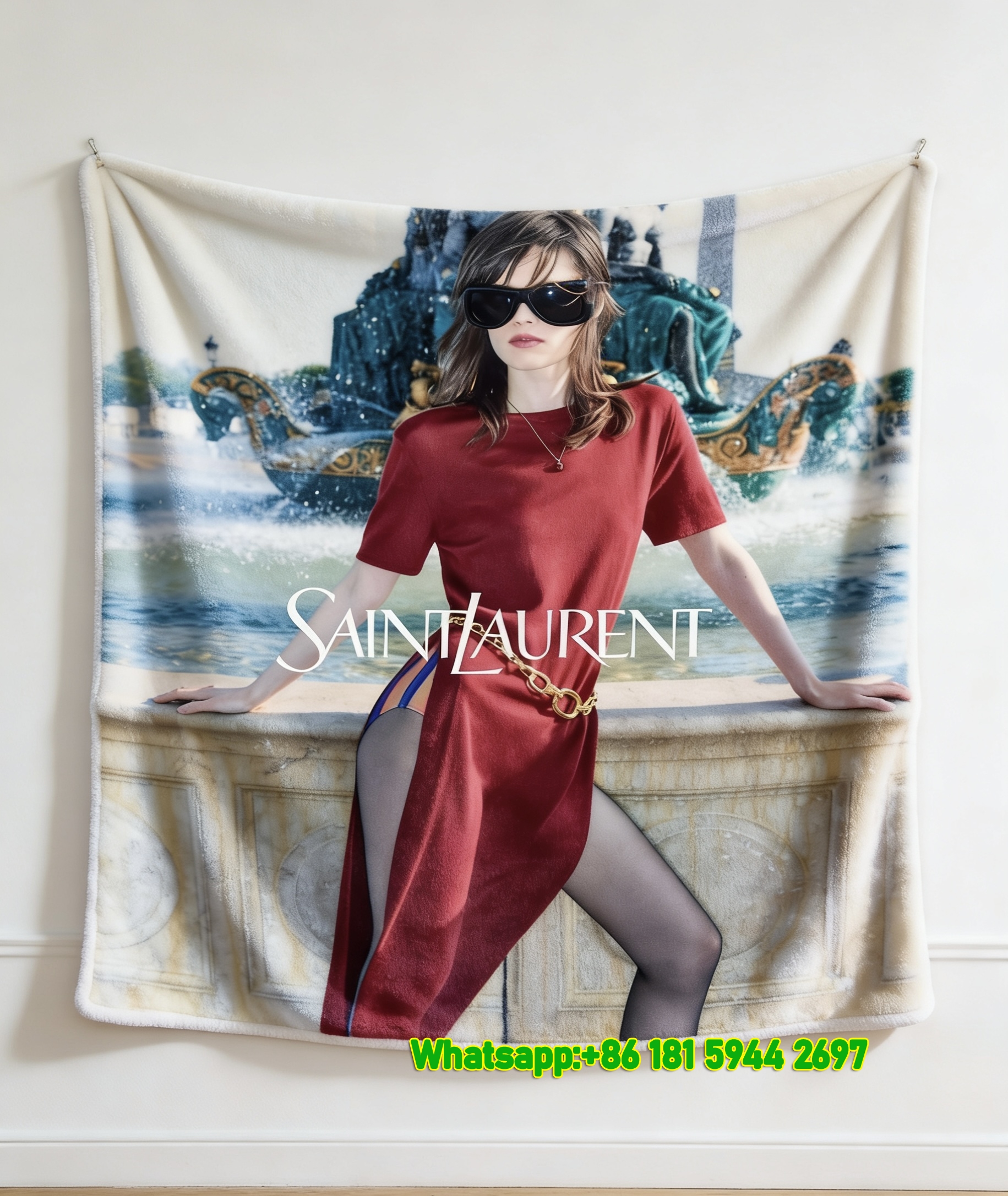 Yves Saint Laurent YSL Paris Fountain Fashion Print Burgundy Gold Blue Flannel Throw Blanket Luxury Designer Printed Sofa Cover Blanket IMG_3303
